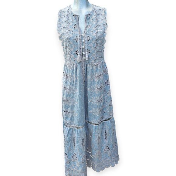 Sea New York Embroidered Sleeveless Midi Dress Pale Blue Grey Size 2 - Picture 15 of 16